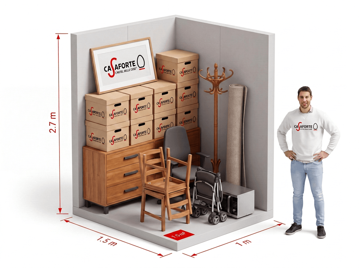 1.5 m² Box mit Casaforte-Kartons, Kommode, Stühlen, Teppich und Mikrowelle neben einer Person