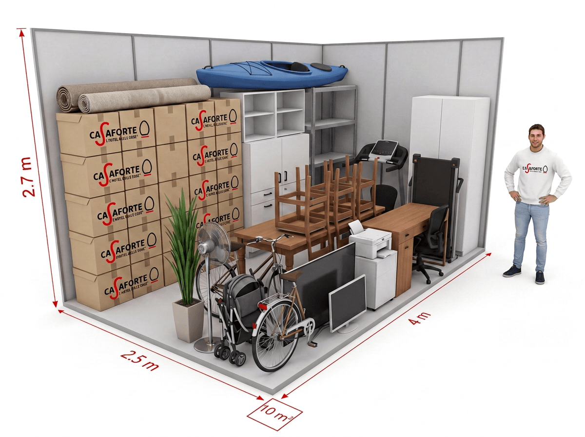 10 m² Box mit Kartons, Schrank, Laufband, Schreibtisch, Velos und Kajak neben einer Person