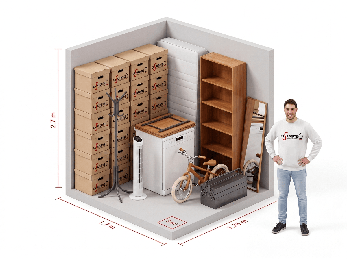 3 m² Box mit gestapelten Kartons, Matratze, Regal, Waschmaschine, Velo und Spiegel neben einer Person