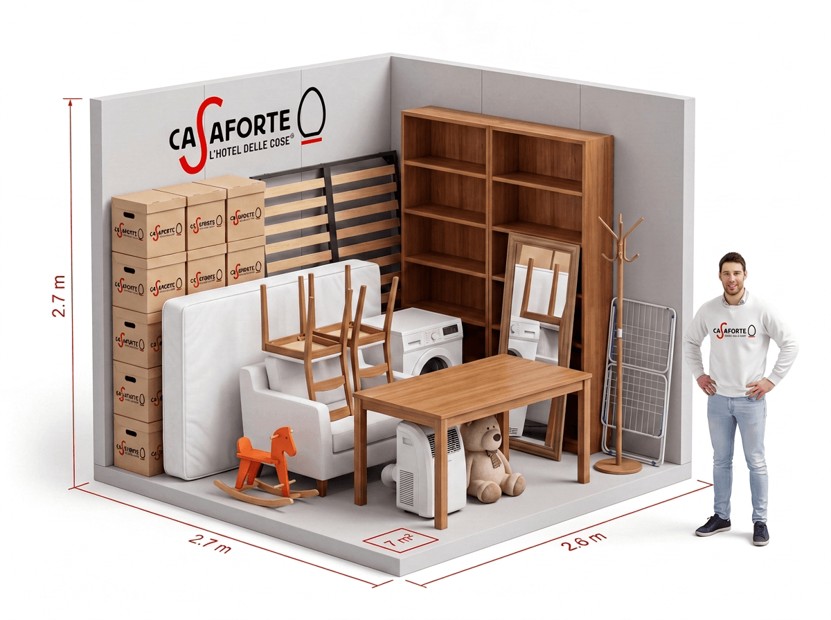 7 m² Box mit Sofa, Tisch, Stühlen, Regal, Waschmaschine und Kartons neben einer Person